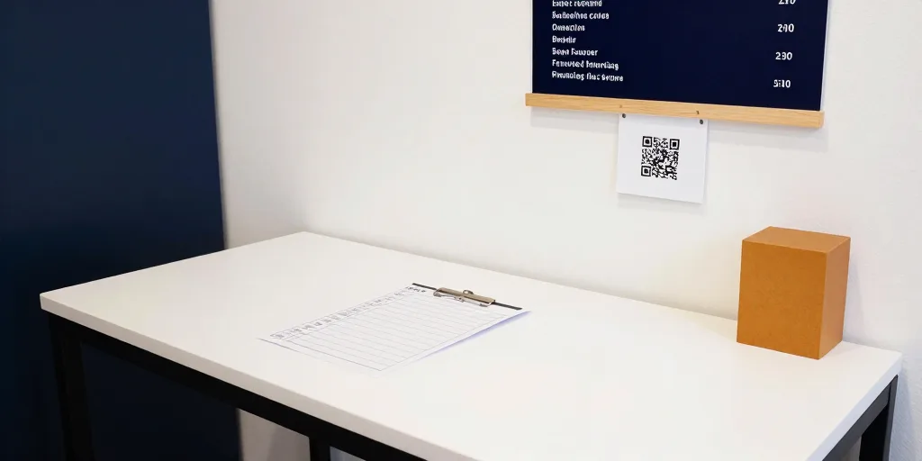 לוח הודעות קטן בעסק עם קוד QR לביקורות תלוי ליד תפריט או מחירון