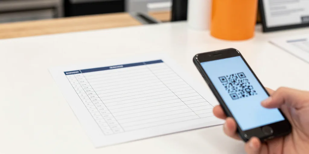 יד מחזיקה טלפון עם קוד QR זוהר על המסך בדלפק בית קפה